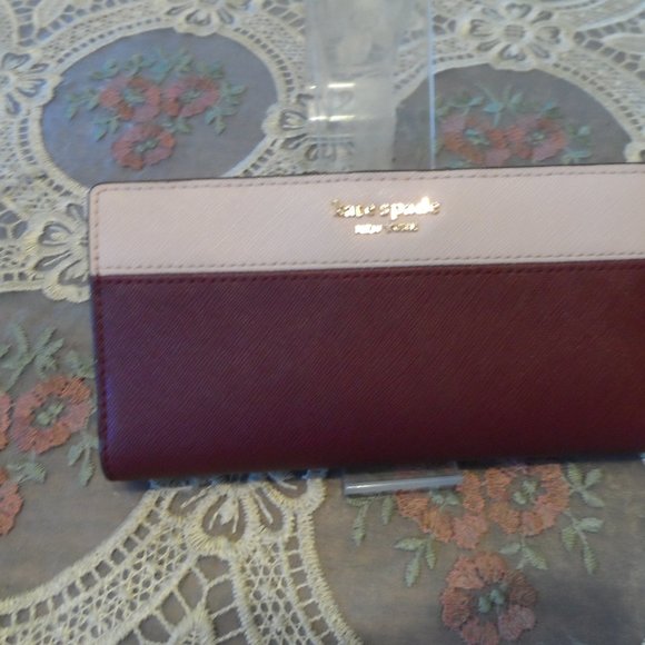 Kate Spade Burgundy/Pink Spencer Saffiano Leather Slim Bi-Fold Wallet - Picture 1 of 12